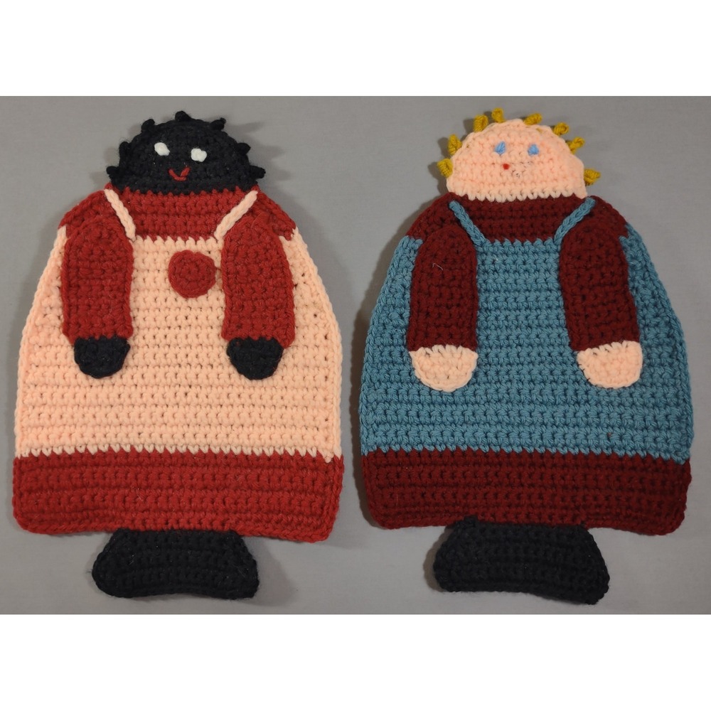Vintage Handmade Crochet Hot Pads Pair Figures Kitchen Trivets Set 2